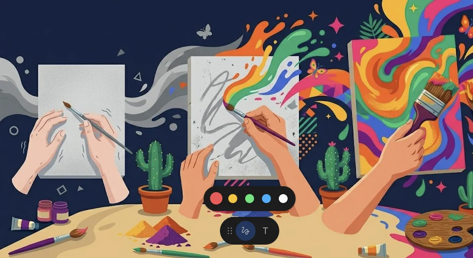 Manos novatas sosteniendo pincel con trazo que se transforma de inseguro a expresivo para aprender a dibujar sin experiencia