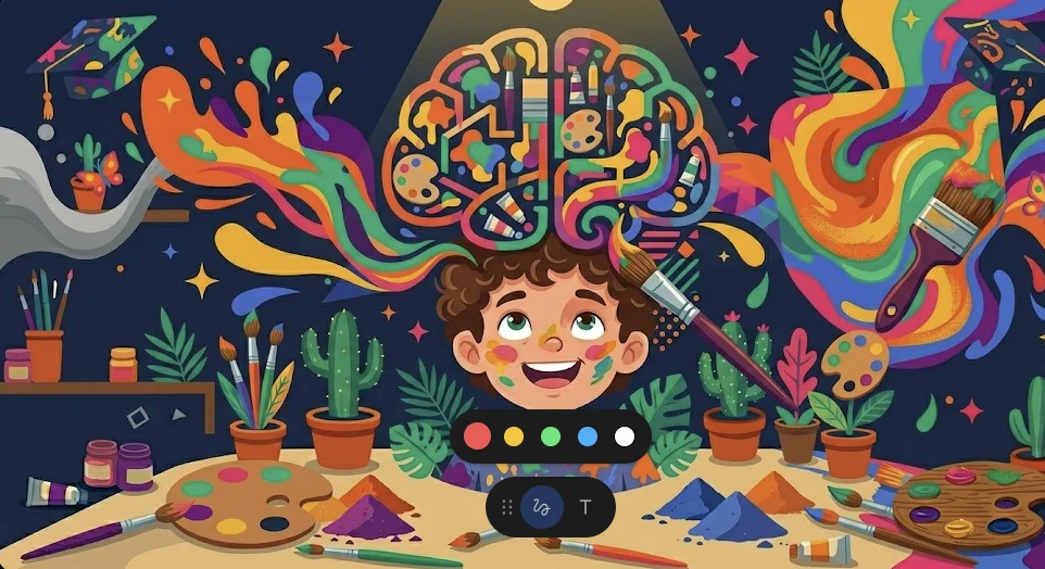 Niño con cerebro estilizado lleno de colores y formas artísticas mostrando beneficios del arte en el desarrollo infantil