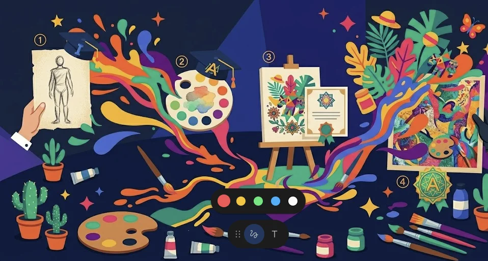 Línea de tiempo visual de evolución artística desde boceto simple hasta obra compleja en carrera de dibujo y pintura