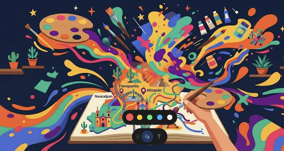 Mapa estilizado del norte del Estado de México con íconos de arte marcando Atizapán Cuautitlán y Nicolás Romero