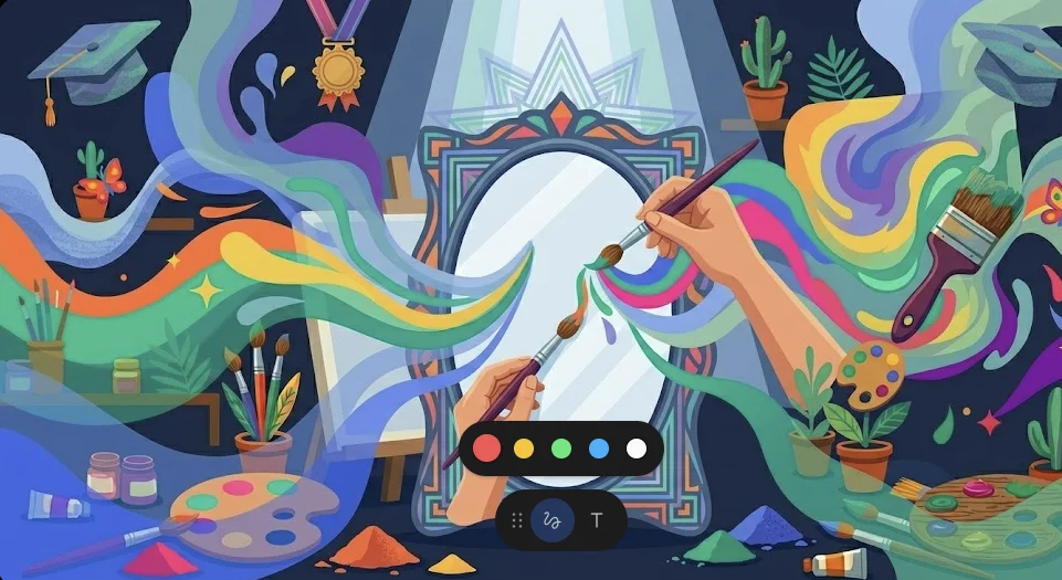 Espejo estilizado donde persona se ve como artista reflexionando sobre talento para pintar