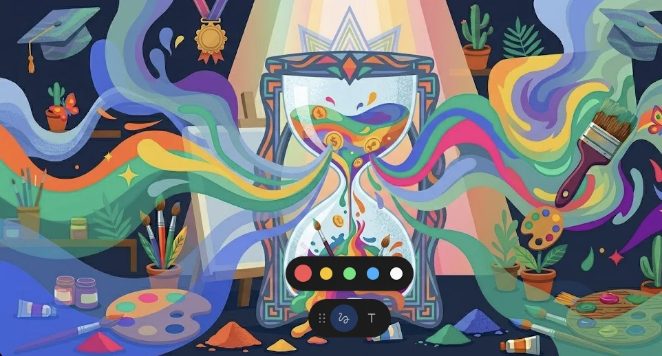 Reloj de arena con pintura al óleo fluyendo representando tiempo necesario para aprender a pintar