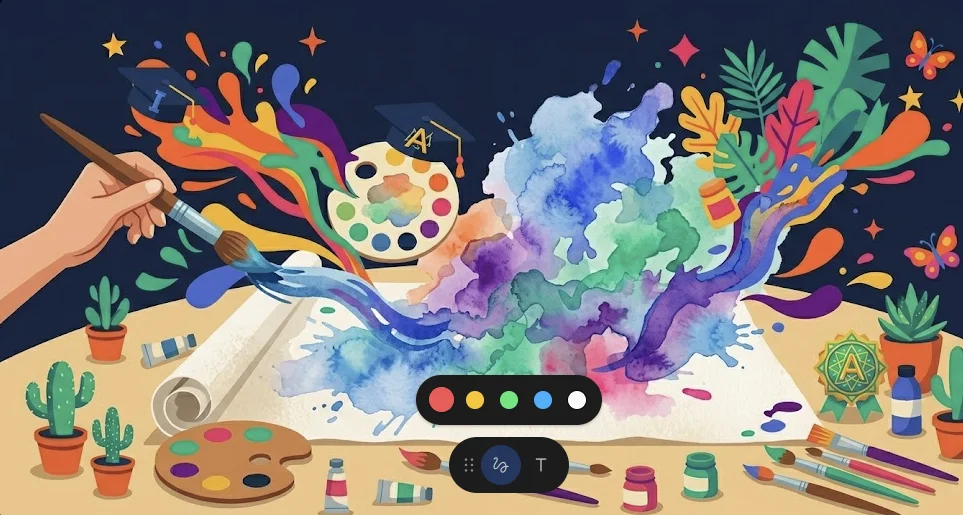 Splash de acuarela en azul verde y violeta con pincel en movimiento para curso intensivo de acuarela