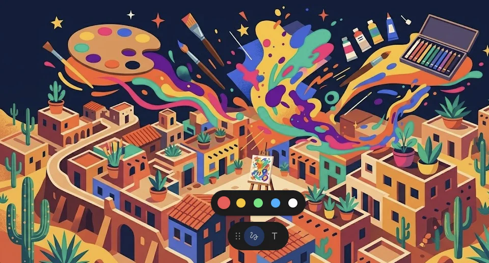 Escuelas de arte en el norte del Estado de México con pinceles y paletas flotando sobre pueblo mexicano