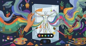 Boceto estilizado de figura humana con líneas de proporción y cánones artísticos