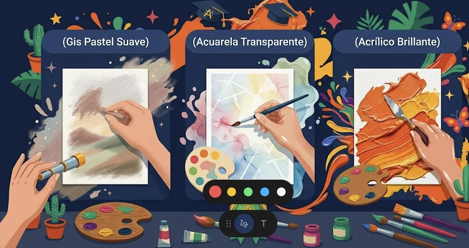 Comparación visual de tres técnicas artísticas gis pastel acuarela y acrílico para principiantes