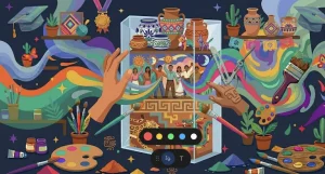 Collage de elementos del arte mexicano con referencias a murales y formas prehispánicas