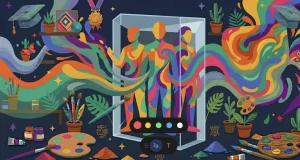 Siluetas estilizadas de artistas mexicanos icónicos con paletas de colores vibrantes