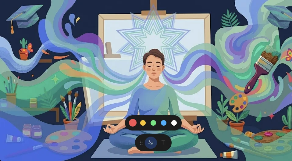 Persona en paz frente a lienzo con colores fluyendo como ondas relajantes representando pintura como terapia