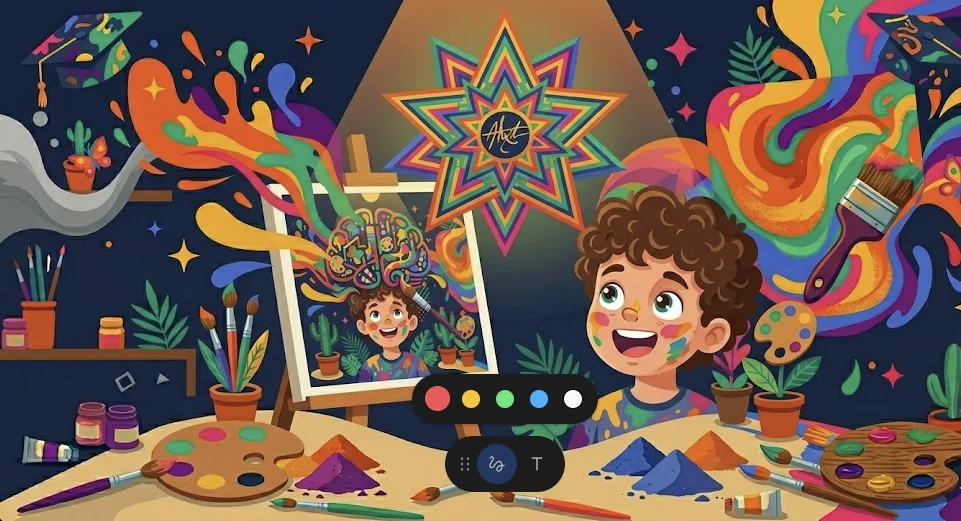 Niño mirando con asombro su obra de arte recién creada mostrando señales de talento artístico infantil