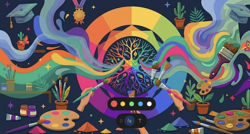 Rueda de color estilizada con gradientes vibrantes para teoría del color en pintura